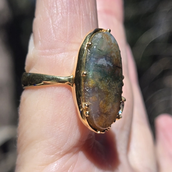 Moss Agate & Aquamarine Oval Sterling & Gold Statement Ring Sz7.5 - Picture 5 of 8